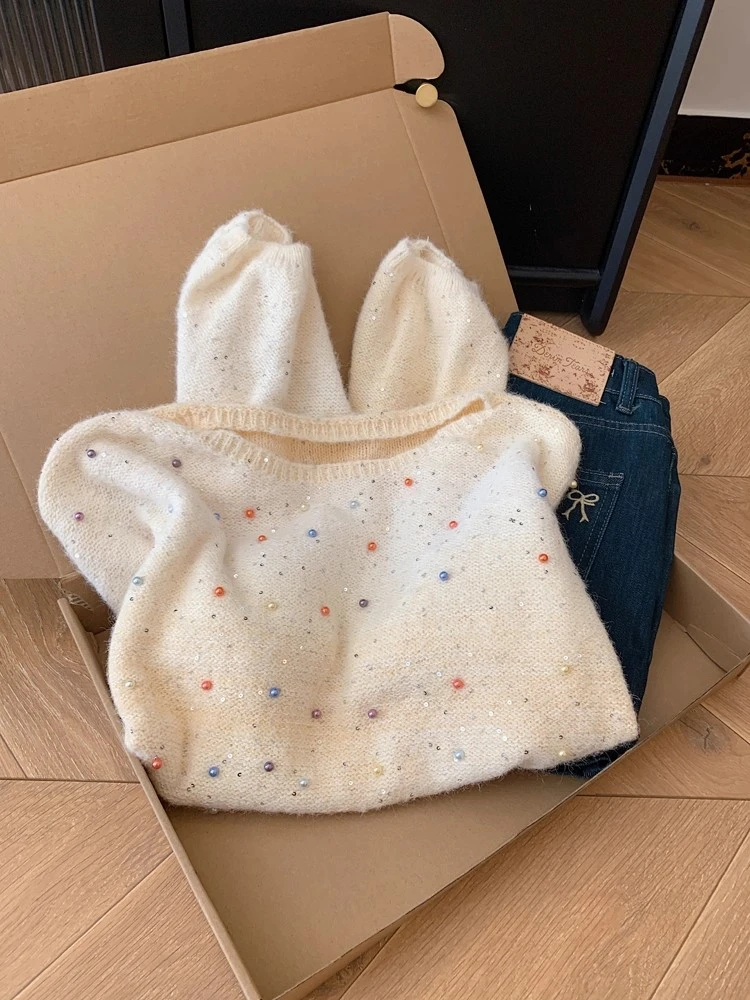 2025新款杏色小香风长袖套头针织衫毛衣女短款气质初秋穿搭上衣