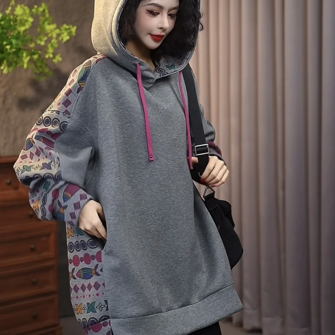 乔一【天使的风铃】2025秋冬加厚卫衣复古宽松圆领连帽长袖60197