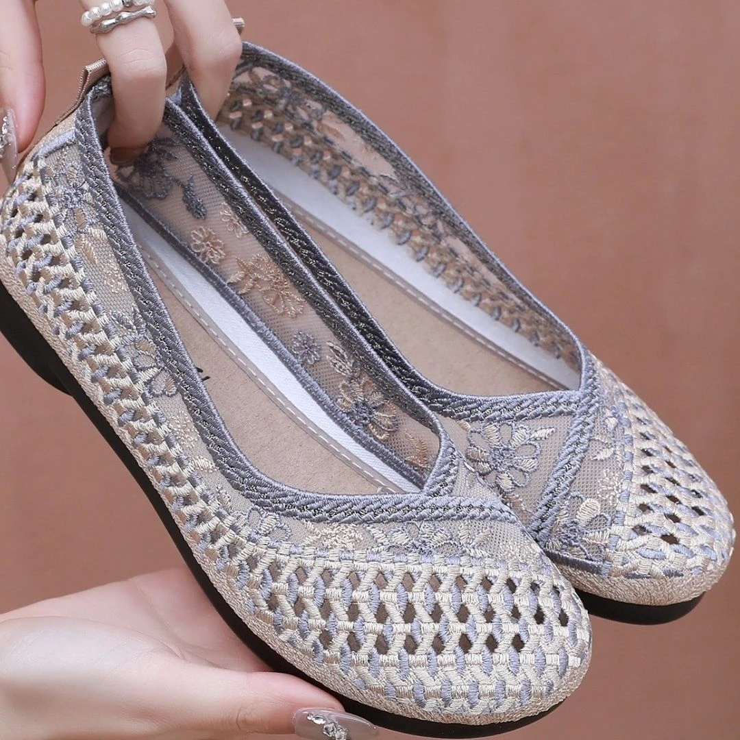 夏季老北京布鞋女网透气镂空凉鞋中老年妈妈编织休闲软底防滑平底