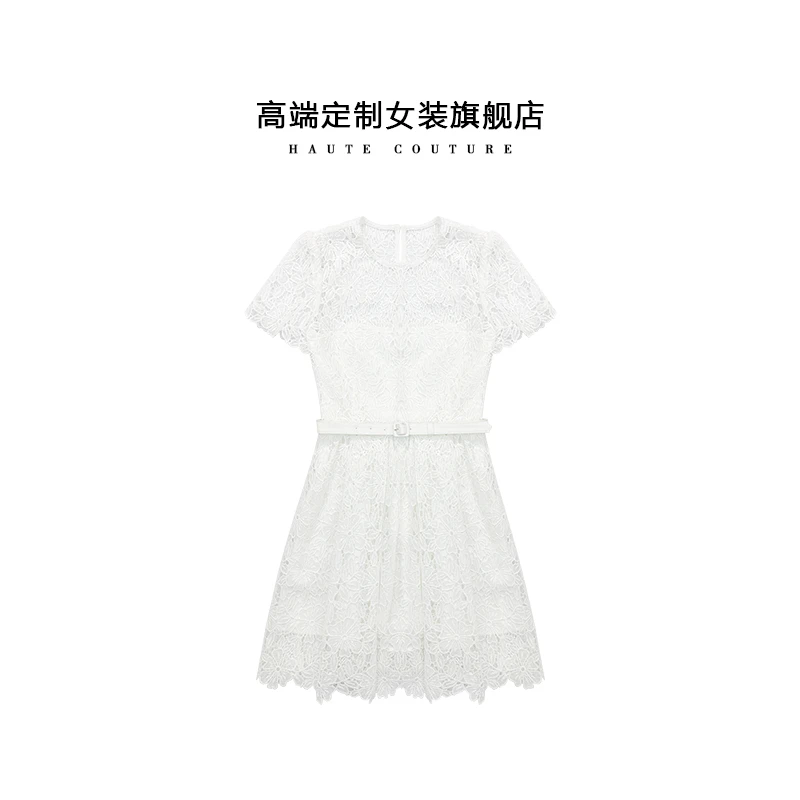 【SHIBO】0178高级感法式时尚气质白色水溶蕾丝圆领短袖收腰连衣裙