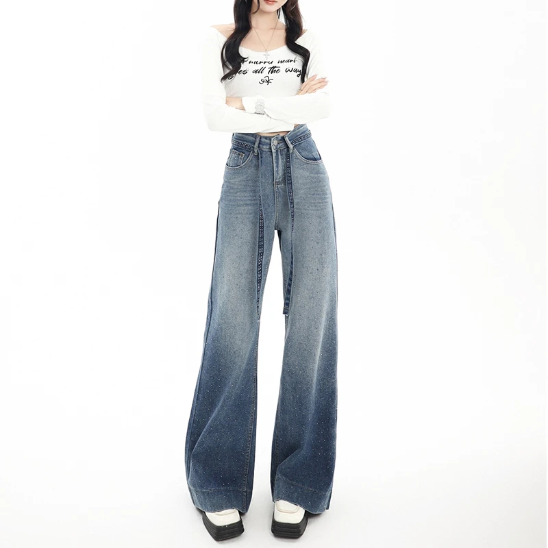 25523#渐变色高腰显瘦大码胖mm阔腿微喇女2025秋季新款牛仔裤女