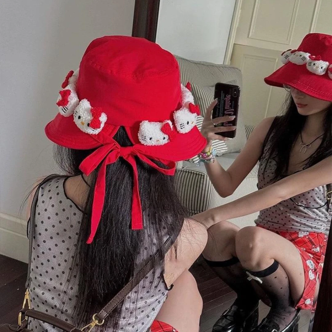 自制甜美HelloKitty红色遮阳帽亚文化Y2K出游渔夫帽夏日百搭帽子
