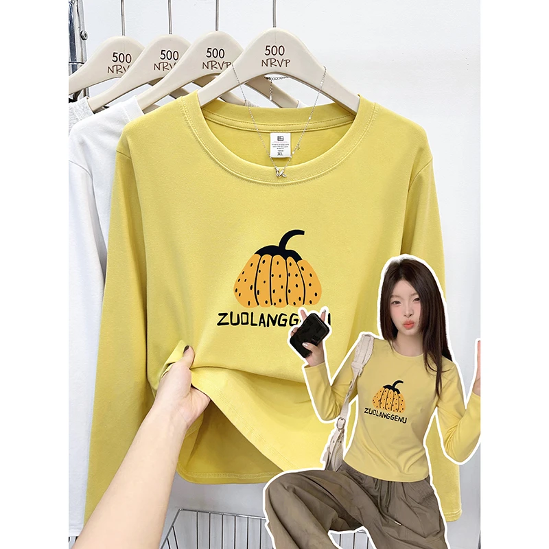 圆领百搭秋冬修身正肩长袖胖mm显瘦款t恤女高弹力大码女装上衣ins