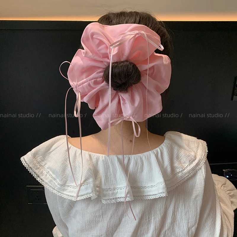 芭蕾风粉色蝴蝶结大肠发圈丝带低马尾丸子头彩色发绳头绳