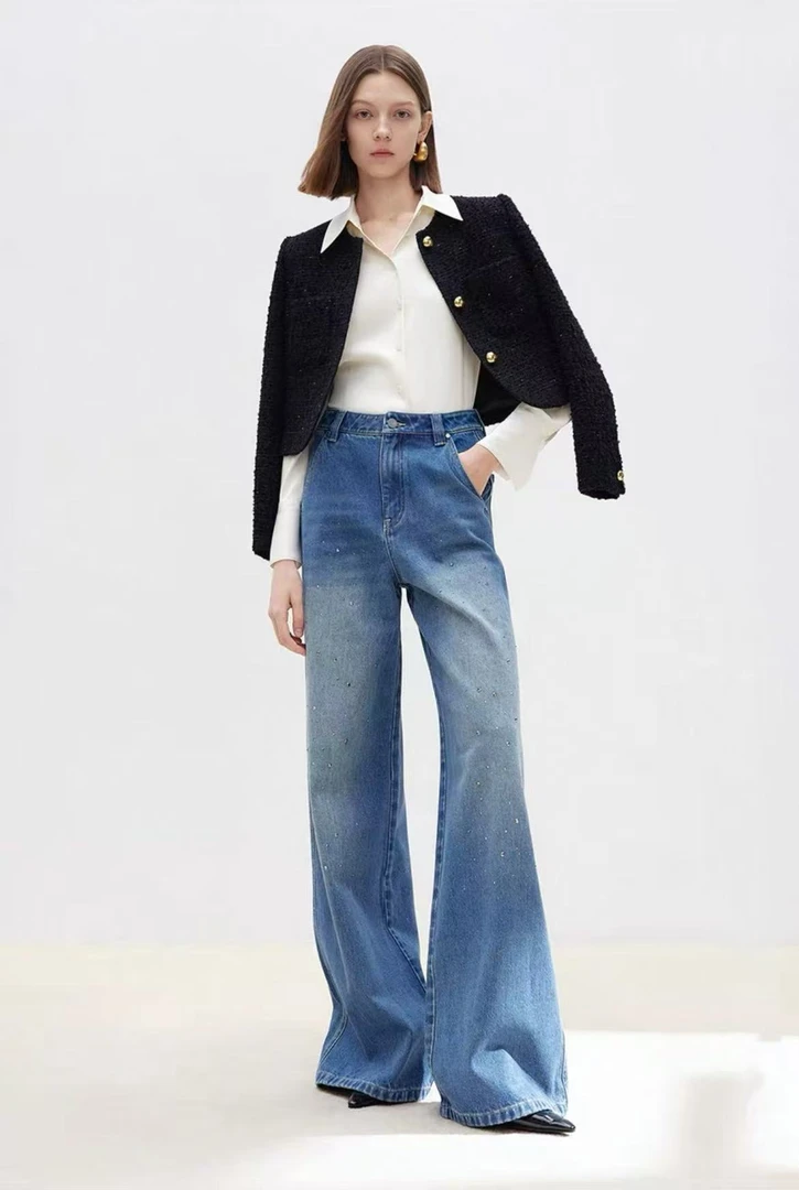 【大连冉然】2025阔腿宽松微喇复古带钻蓝色显瘦牛仔裤