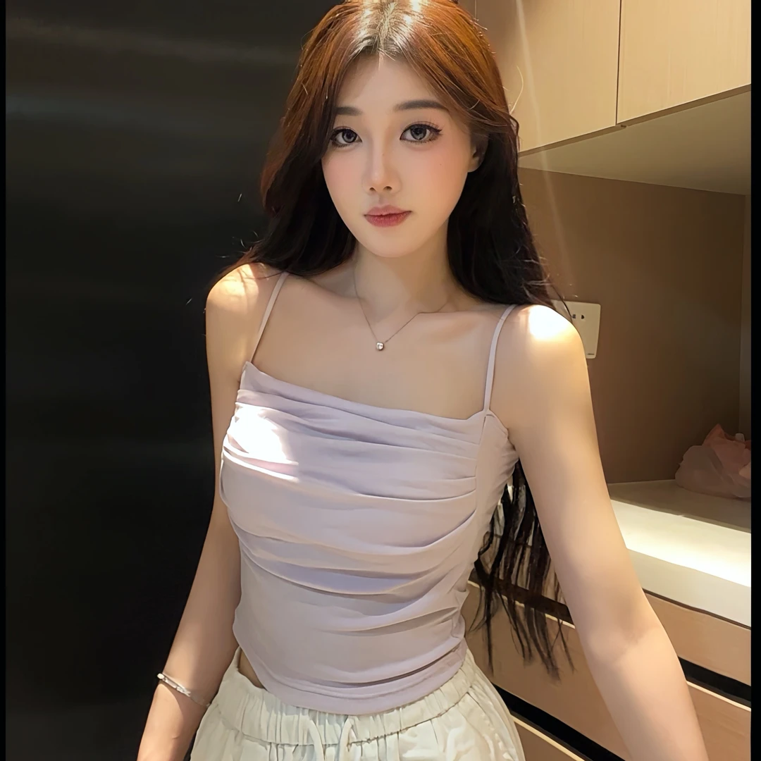 2025春夏ins高级秋冬女短款一字领褶皱吊带修身内搭外穿性感背心