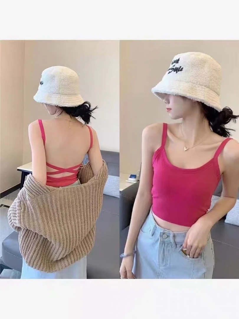 甜辣风玫红吊带背心带胸垫美背设计外穿短款内搭上衣