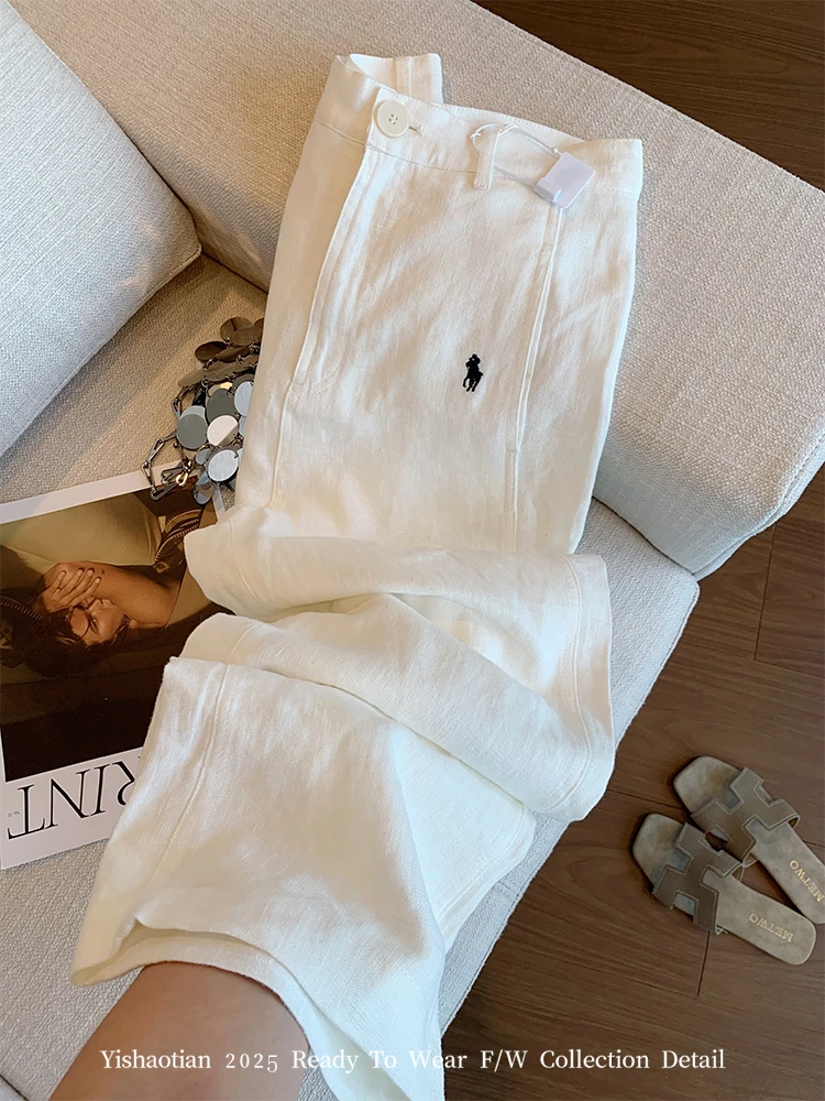 白色小马标亚麻直筒阔腿裤女初秋新款宽松慵懒透气舒适百搭休闲裤