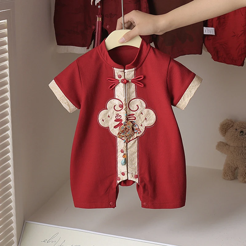 红色抓周婴儿衣服喜庆百日宴男女宝宝夏季薄款连体衣礼服夏装哈衣
