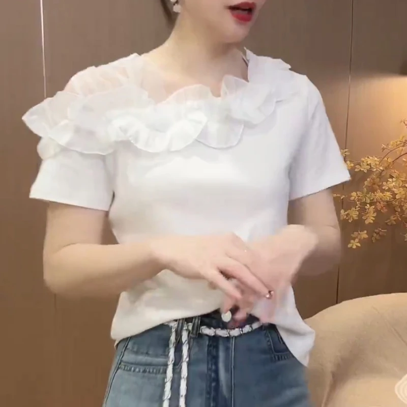 新品夏季不规则百搭洋气设计漏肩显瘦荷叶边T恤LK2502592