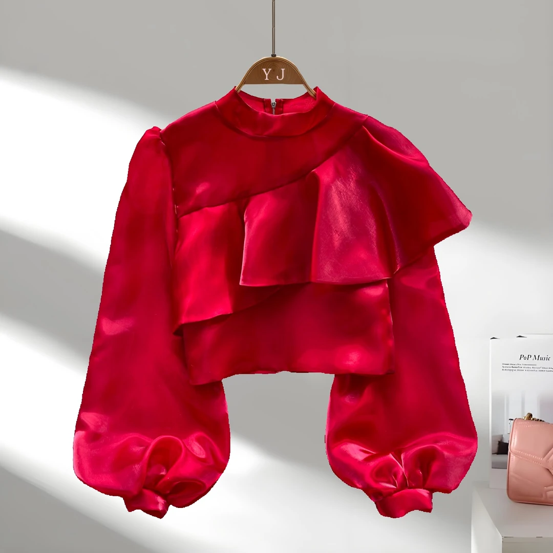 法式时髦上衣女秋季2025新款设计感荷叶边拼接灯笼袖流光网纱衬衫