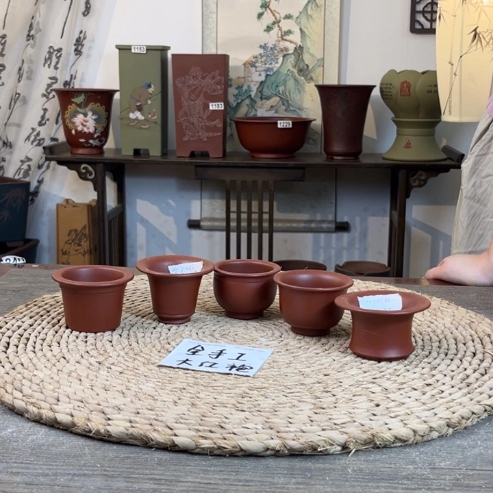 紫砂花盆 全手工大红袍小品盆1组