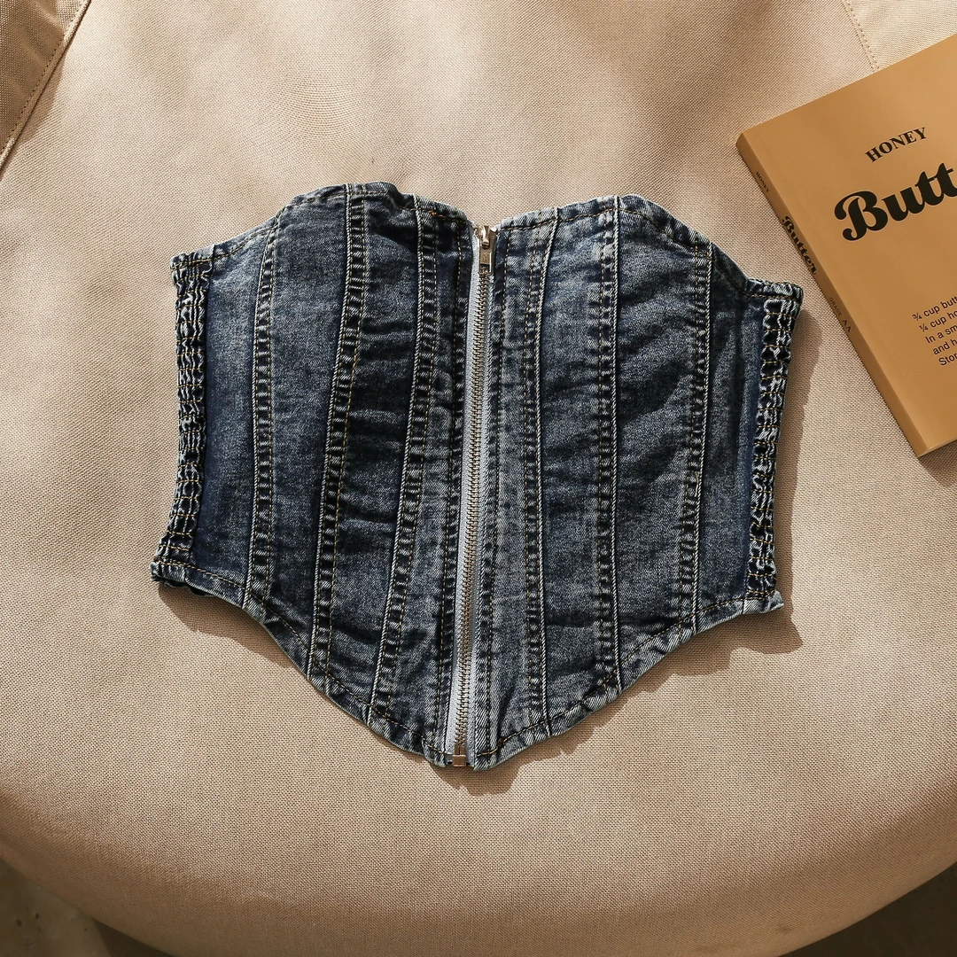 辣妹复古牛仔拉链抹胸吊带背心女夏季高级感修身收腰美背内搭上衣