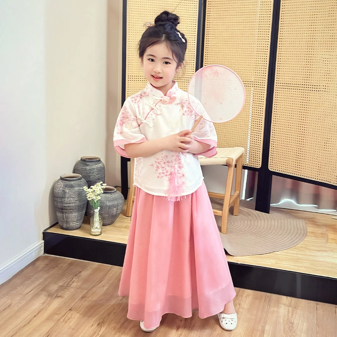 汉服女童爆款2025新款夏装套装国风童装裙子女孩新中式短袖套裙