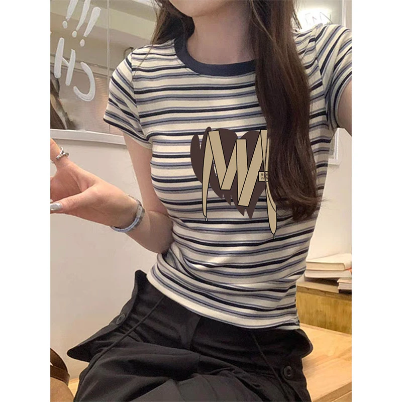 拼色领口条纹正肩短袖t恤女2025夏季时尚百搭洋气减龄上衣打底衫