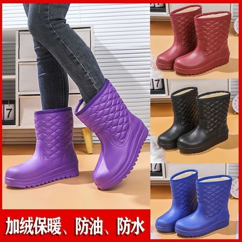 厚款中国风高帮休闲冬季加绒雨鞋中筒防滑女士雨靴靴子保暖防水鞋