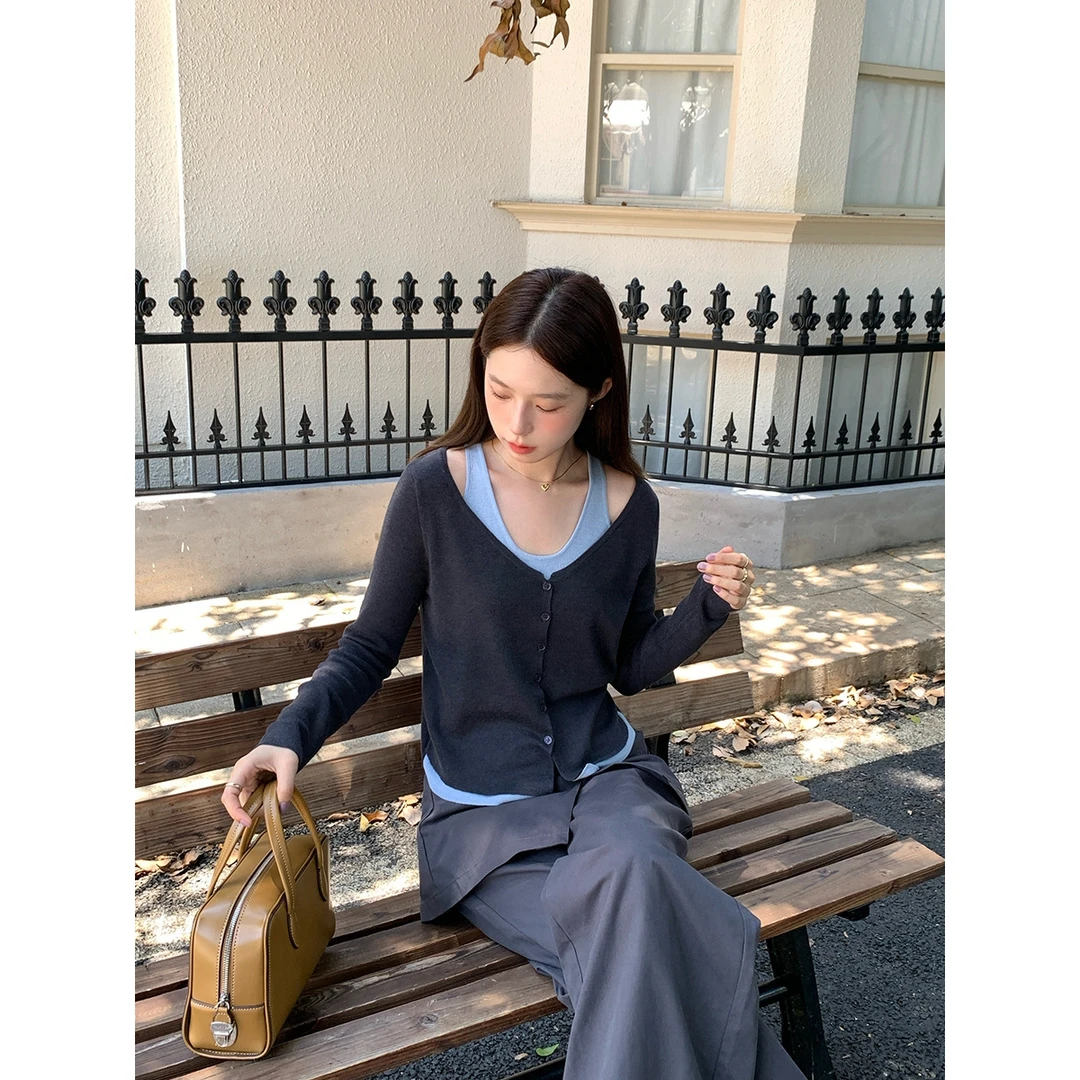 假两件撞色长袖薄款针织衫女2025秋季新款韩版小众设计感开衫上衣