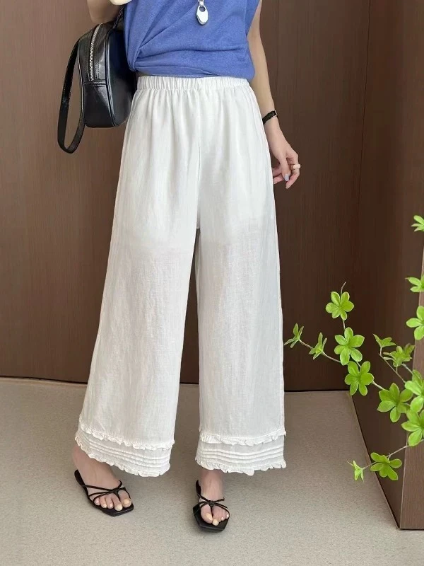 爆款亚麻花边直筒百搭休闲九分裤8006