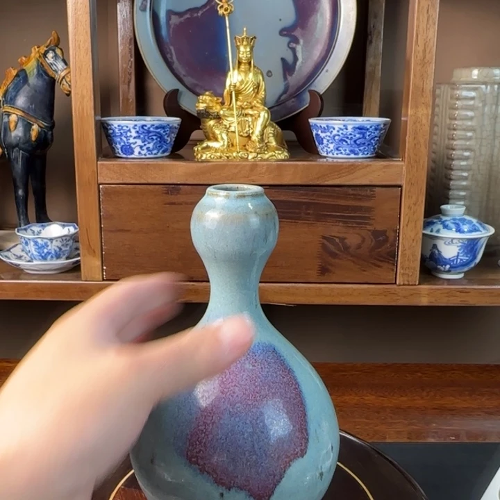 红***子陶瓷钧瓷天蓝釉蒜头瓶