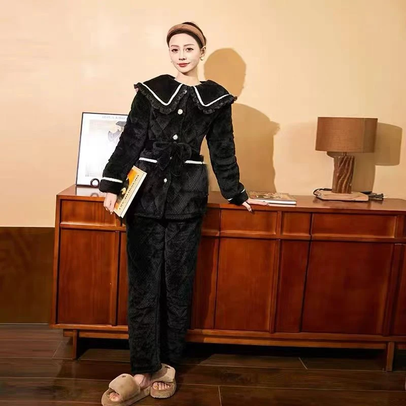 冬季新款加厚保暖睡衣套装黑色女洋气时尚外穿居家保暖睡衣
