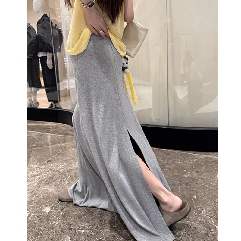 慵懒风松弛感半身裙女夏季新款高腰显瘦垂坠感a字后开叉拖地长裙