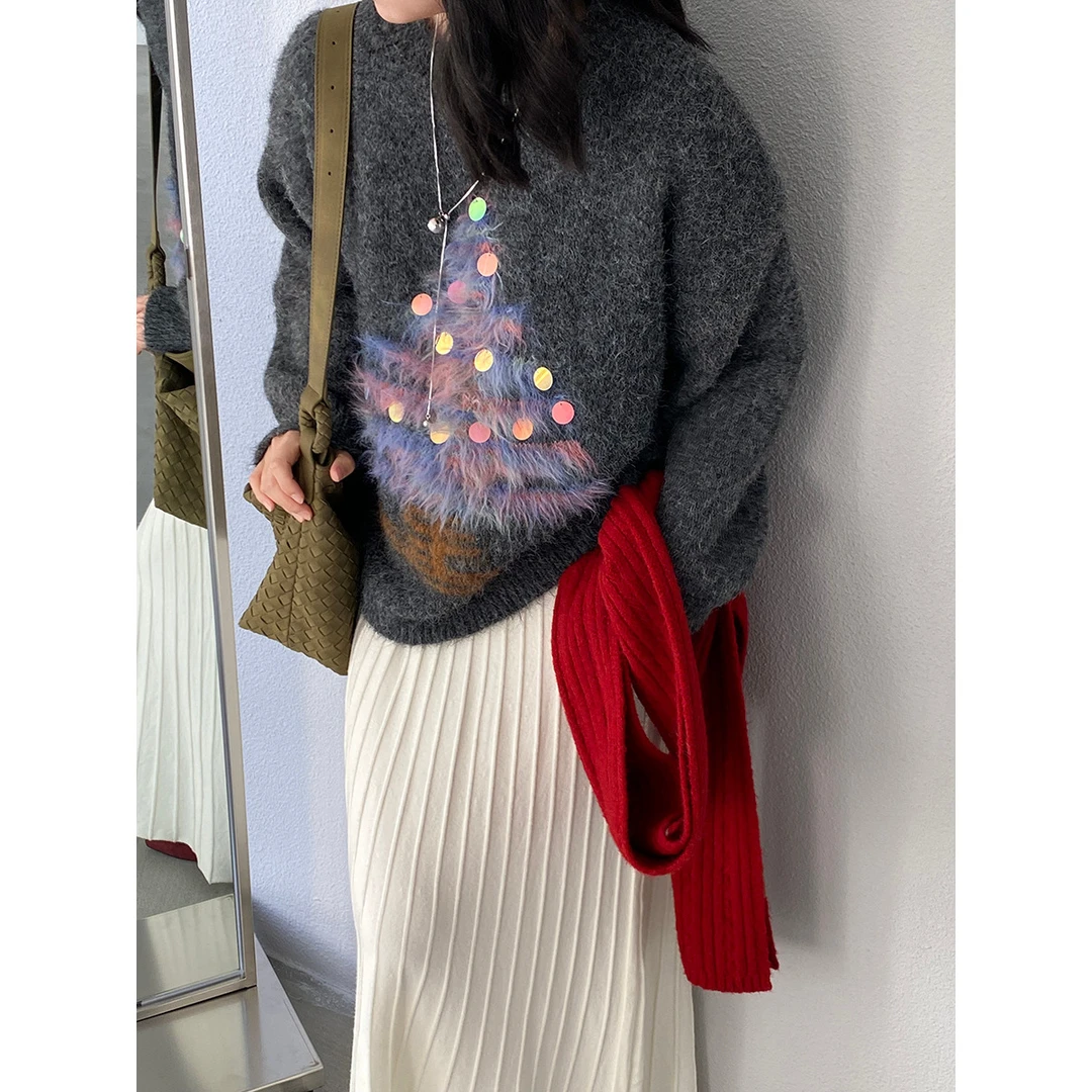 洋气圣诞慵懒风女装亮片圣诞树软糯毛衣女冬季保暖小个子针织衫女