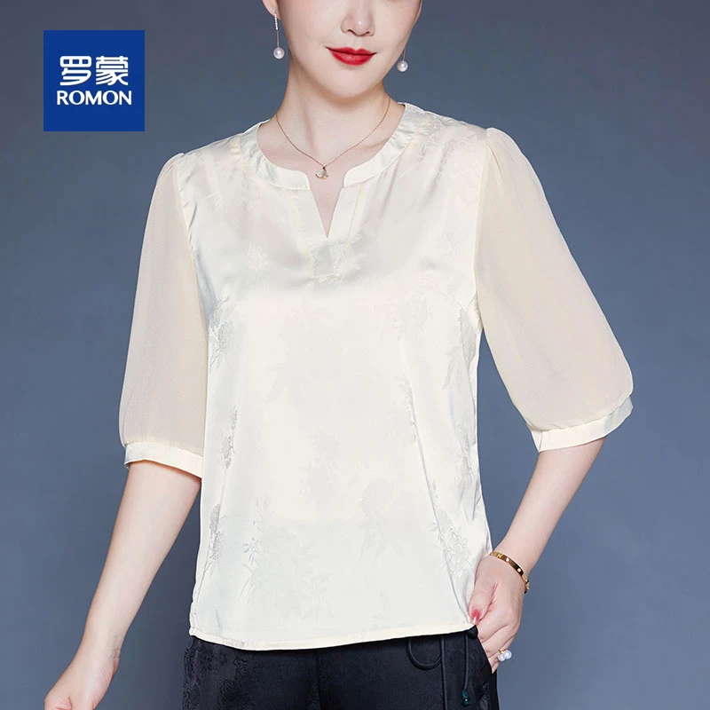 罗蒙时尚妈妈夏装雪纺小衫套装女半袖新款中老年女装气质V领衬衫