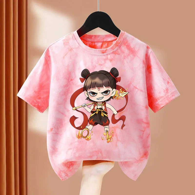 哪吒男童扎染短袖T恤2025夏装新款中大儿童夏款半袖女孩卡通上衣t