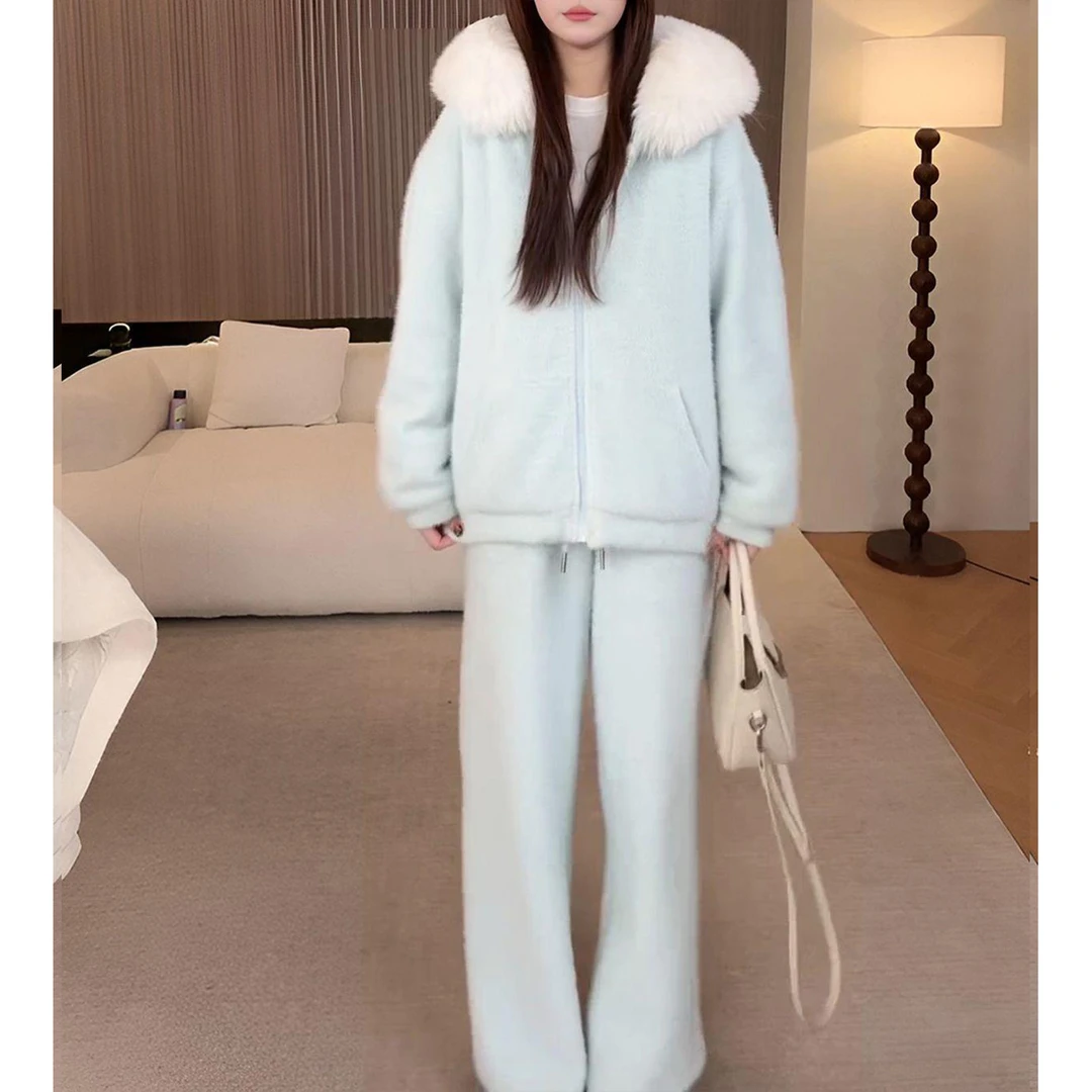 秋冬加厚保暖套装气质减龄毛茸茸大毛领连帽卫衣外套阔腿裤两件套