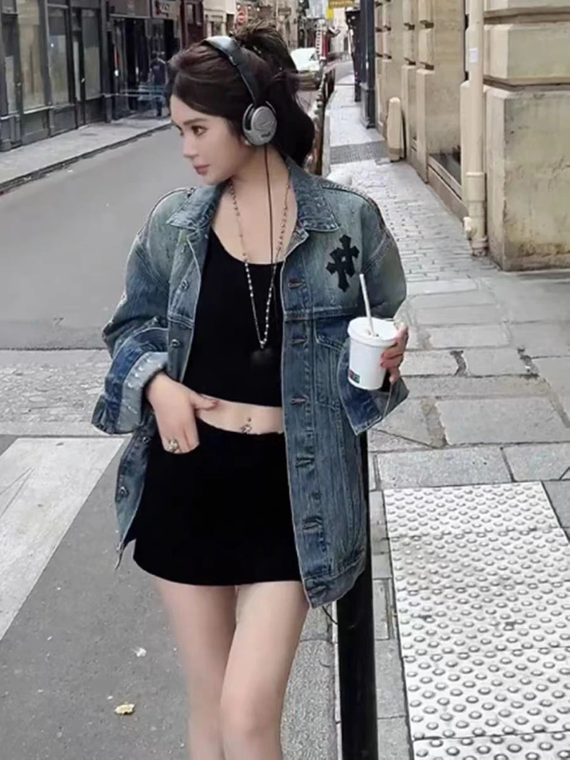 复古港风蓝色牛仔外套女夏季2025新款宽松显瘦中长款百搭气质上衣