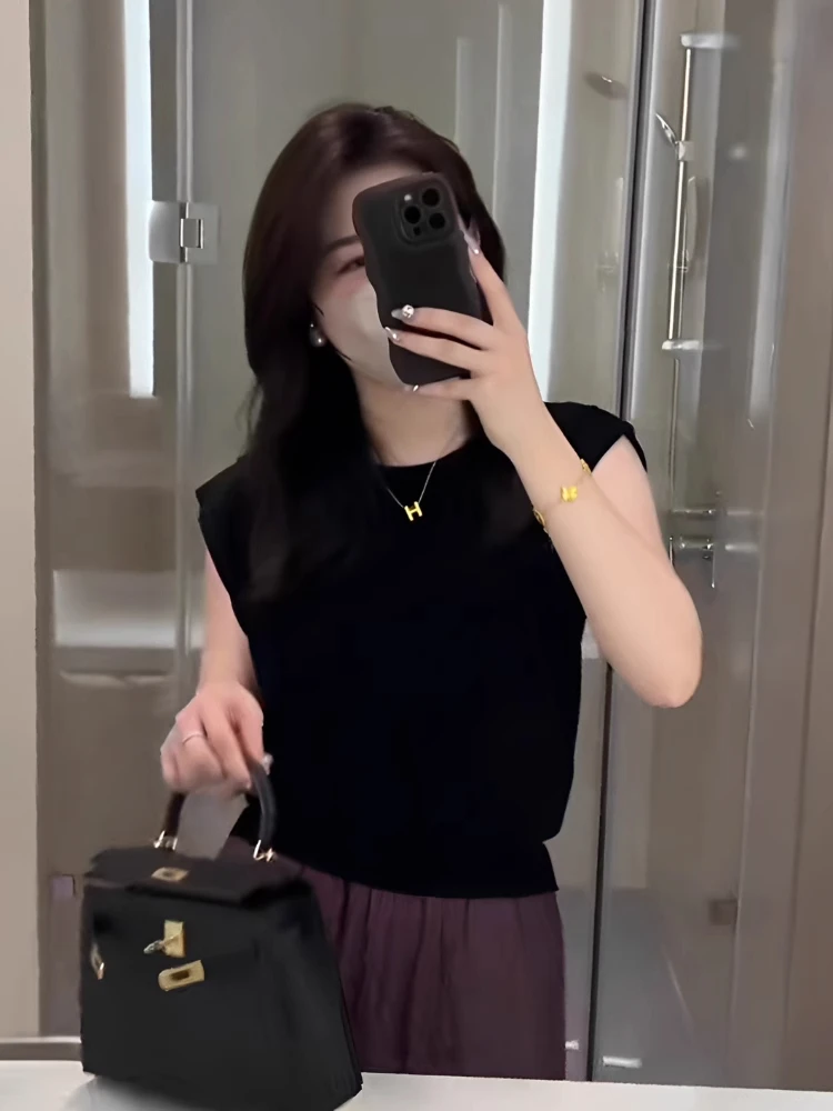 薄款针织衫t恤女2025秋季新款气质显瘦百搭无袖坎肩圆领短款上衣