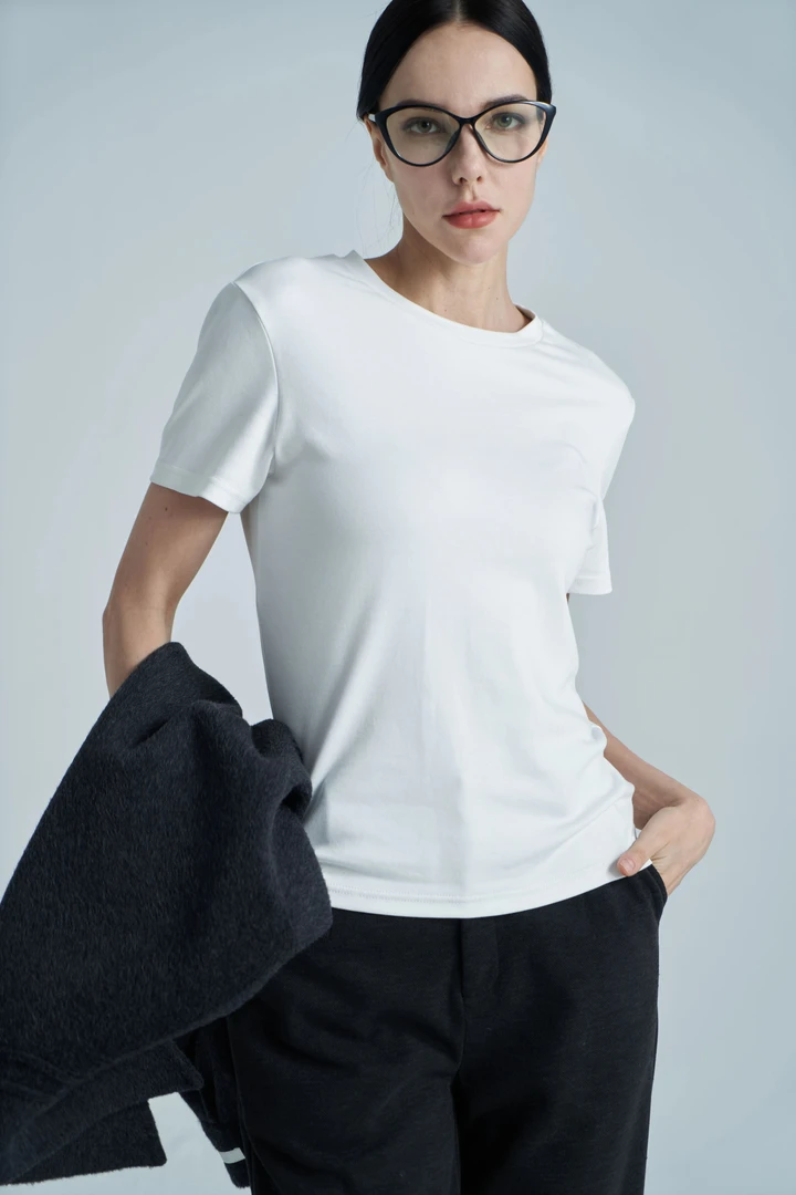 THREEPASS三水酱 秋季新款鼎级40支ji品水柔棉高级感正肩圆领T恤