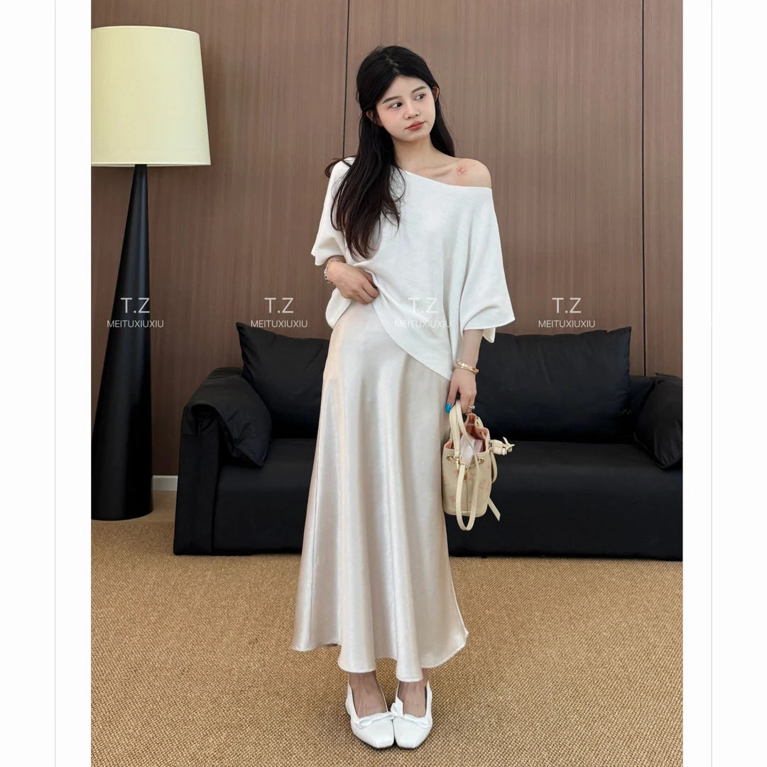 【婷子定制】~150小个子改版夏款气质温柔蝙蝠袖针织露肩上衣7115