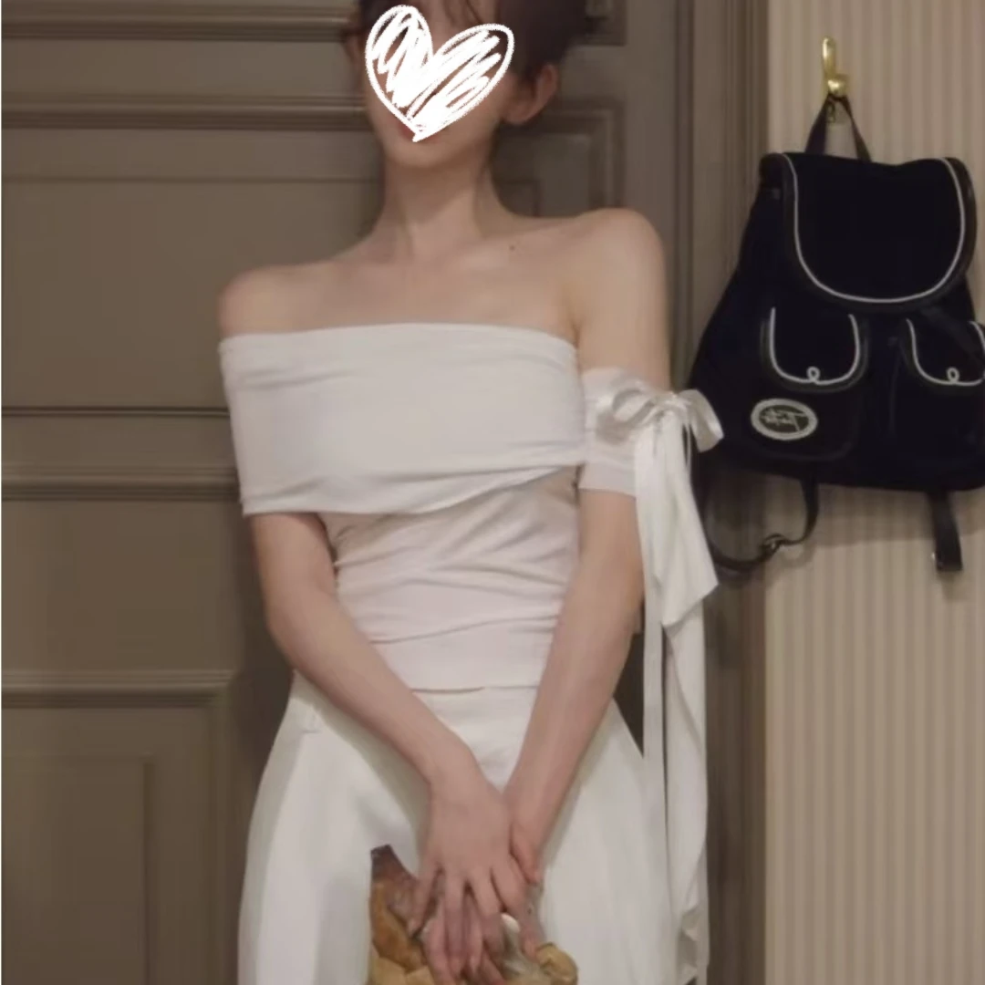 2025夏季新款斜肩蝴蝶结丝带设计感飘带修身短袖恤一字肩上衣