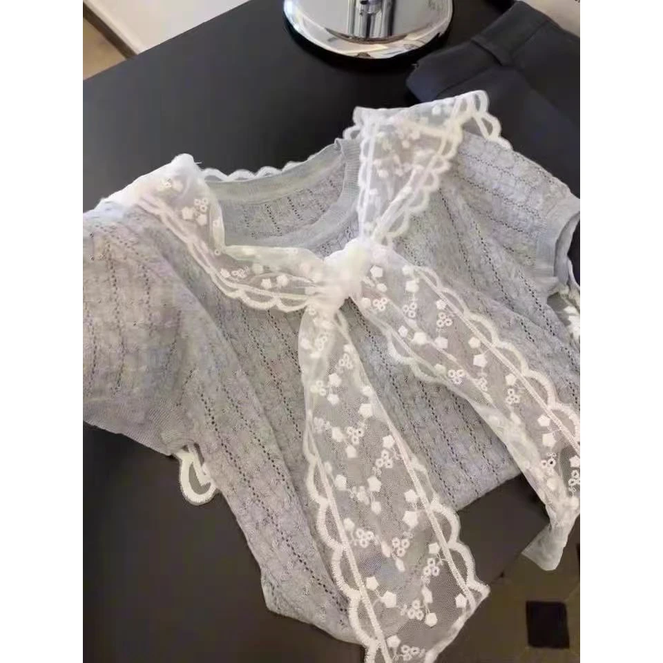 四件套灰色蕾丝披肩叠穿针织短袖T恤夏新款修身显瘦百搭上衣709