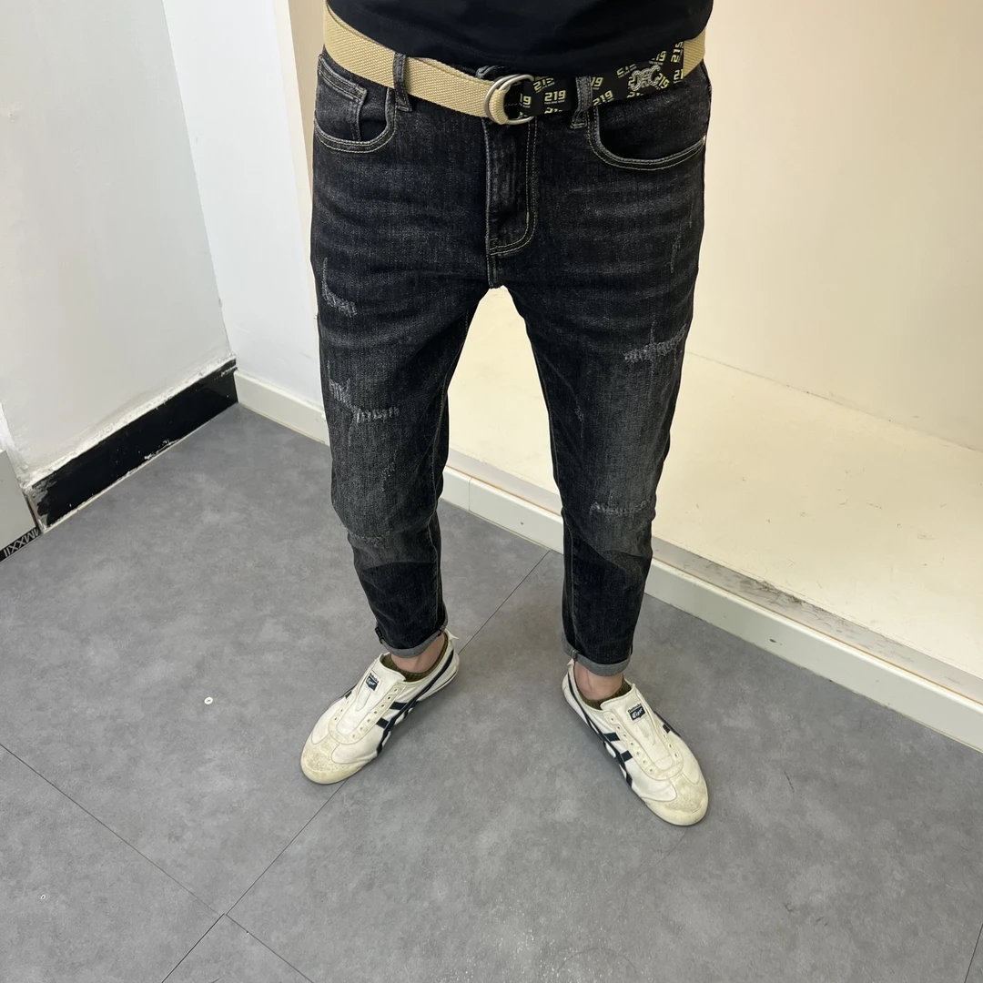 30003秋季新款黑灰色假破洞修身小脚男牛仔裤时尚潮流百搭帅气酷