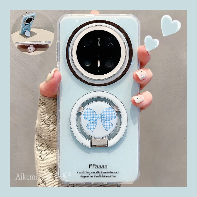 适用华为mate70pro+手机壳纯色蝴蝶结mate60pro+小狗折叠磁吸支架
