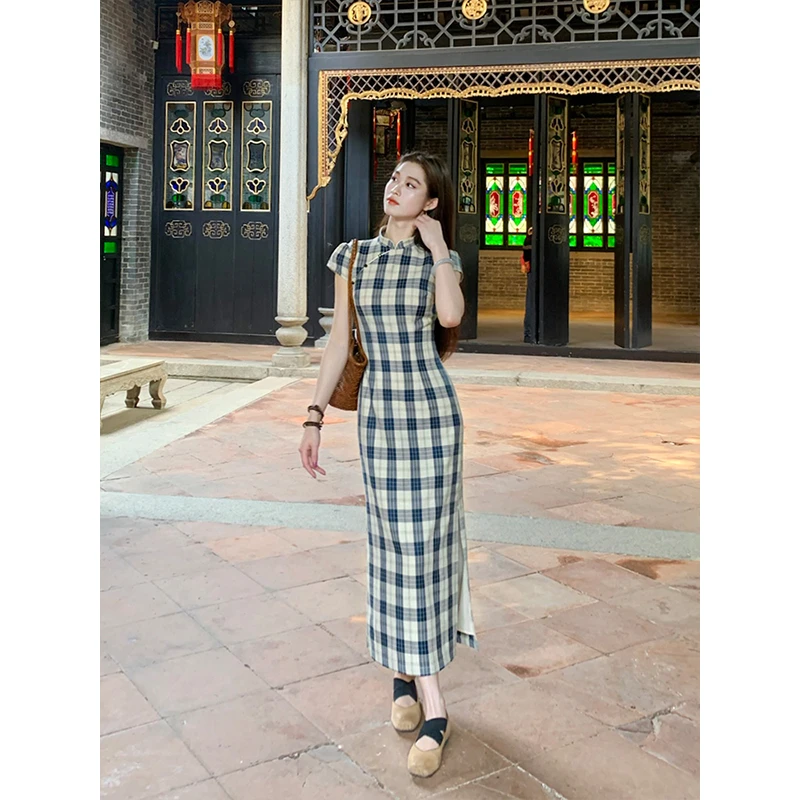 凌茜【蓝格韵】新中式蓝色格纹温柔大气长裙时尚优雅透气旗袍连衣裙