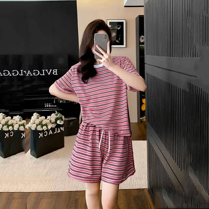【粉丝专享】2件套条纹夏季女短袖短裤宽松圆领休闲印花套装女266