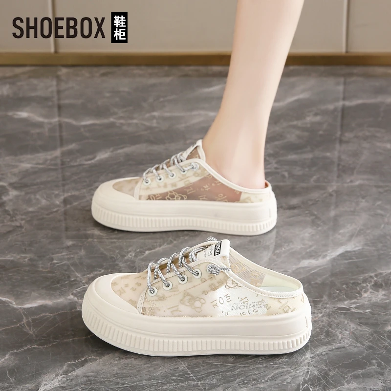 SHOEBOX鞋柜印花网面包头拖鞋女夏季新品透气清爽厚底板鞋运动鞋