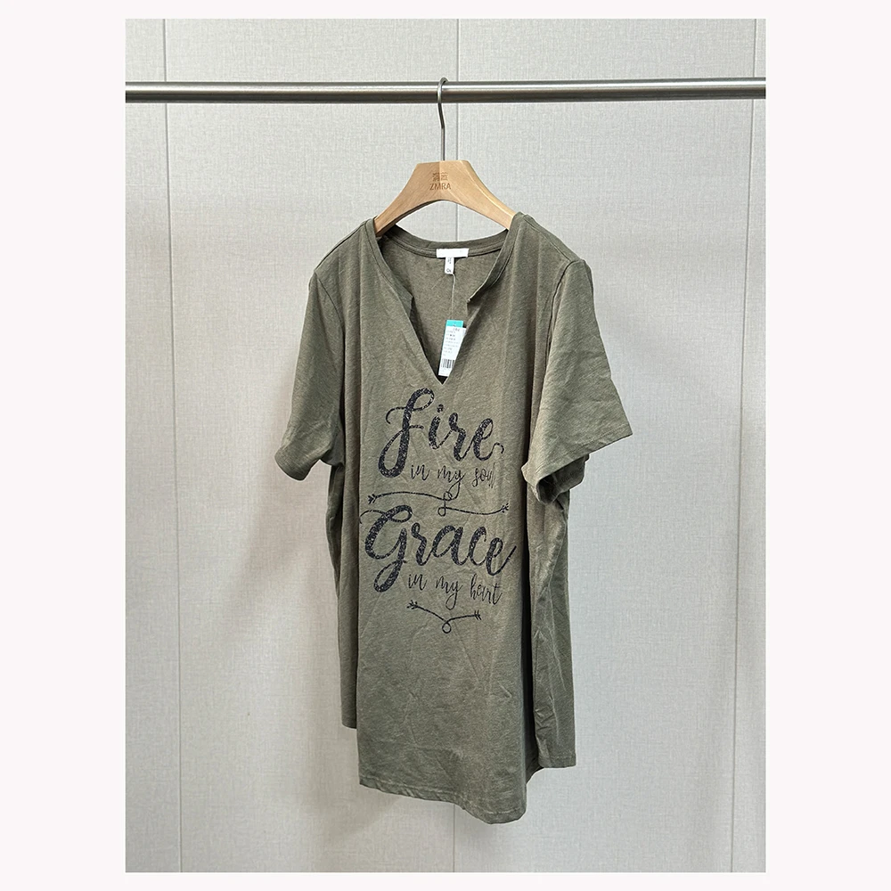 ZM1258夏季新款宽松印花V领短袖T恤女