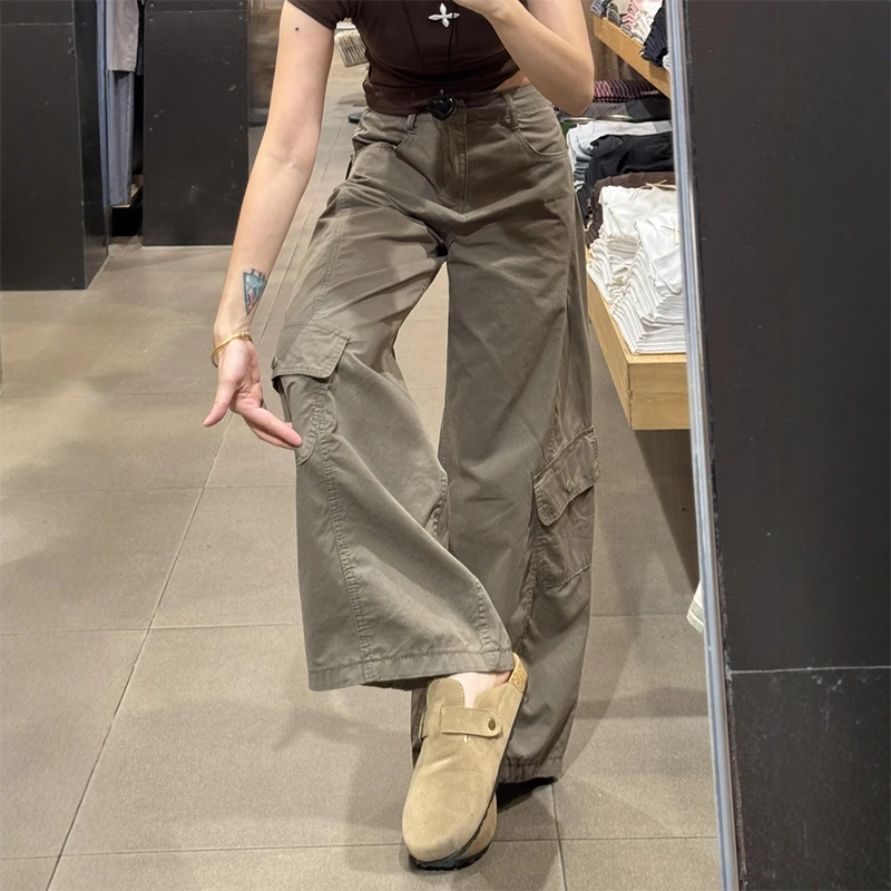 设计感美式军绿色工装裤女秋季大码胖mm梨形身材高腰阔腿休闲裤子