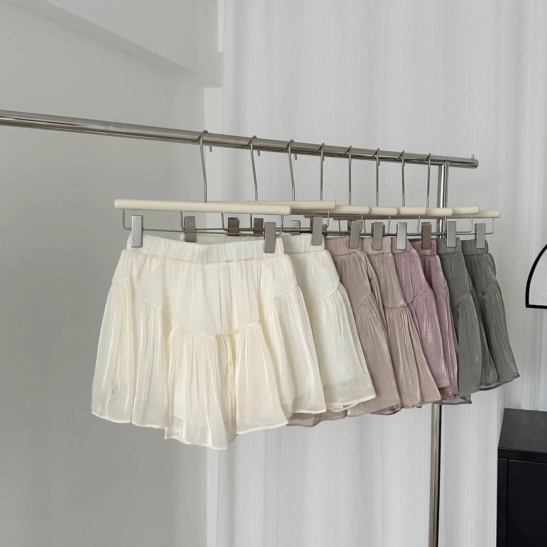 B3-250209-3法式白色流光纱裙半身裙高腰显瘦裙子a字百褶短裙