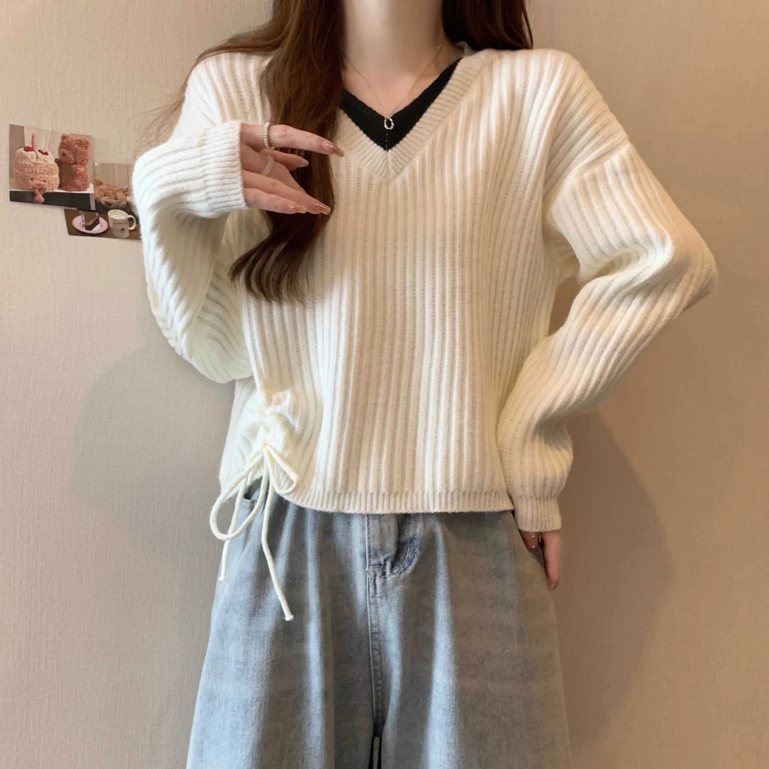 V领长袖针织衫毛衣女2025新款秋季时尚百搭宽松假两件抽绳上衣潮