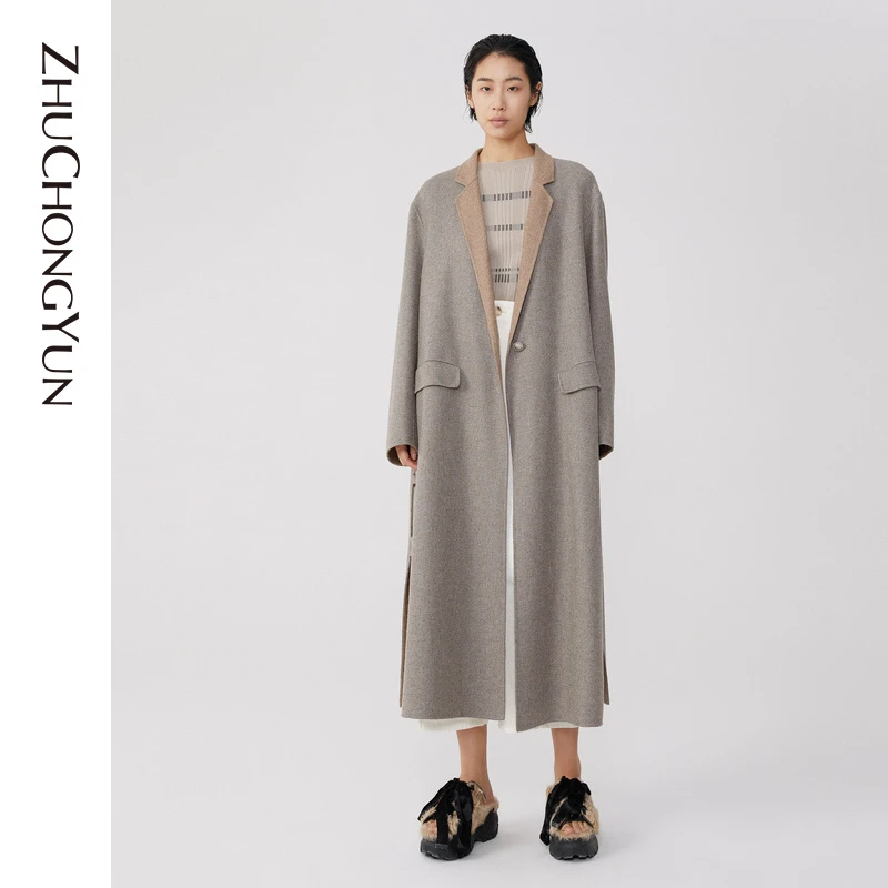 【平子精选】ZHUCHONGYUN秋季翻领混纺中长款大衣外套