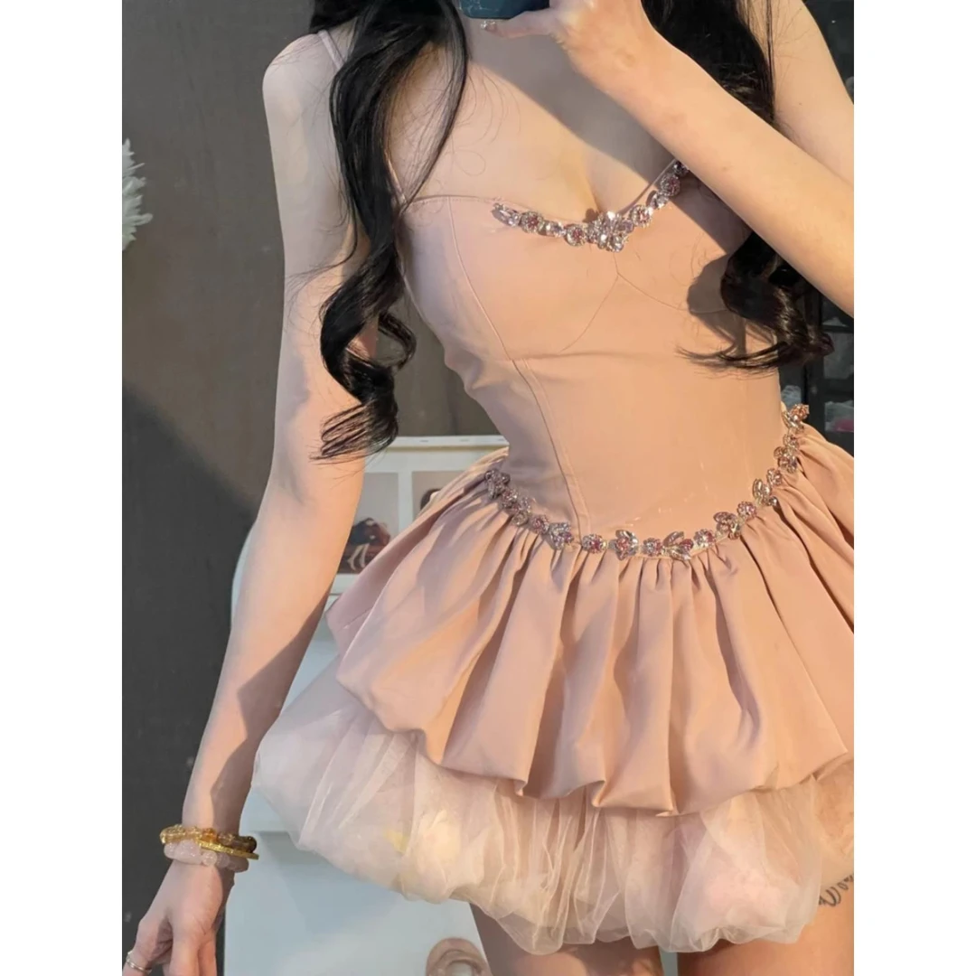 【抱走草莓】纯欲风甜美辣妹显瘦吊带百褶花苞裙女连衣裙法式短裙