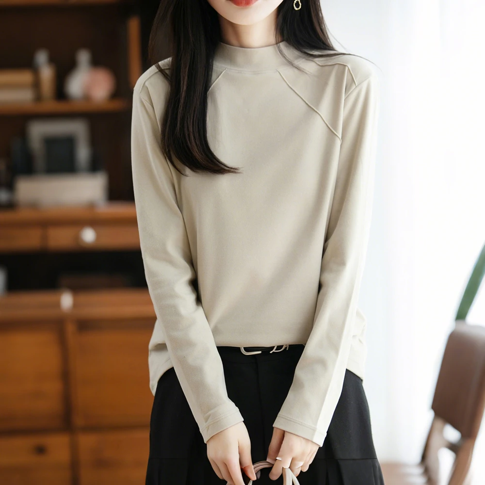 秋冬时髦半高领宽松休闲减龄长袖打底衫女保暖加厚德绒磨毛T恤衫