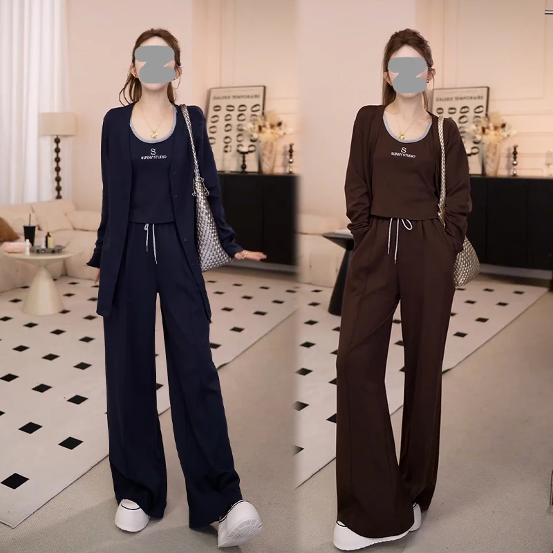慵懒风背心+长袖开衫+阔腿裤三件套女2025秋季新款时尚减龄套装潮