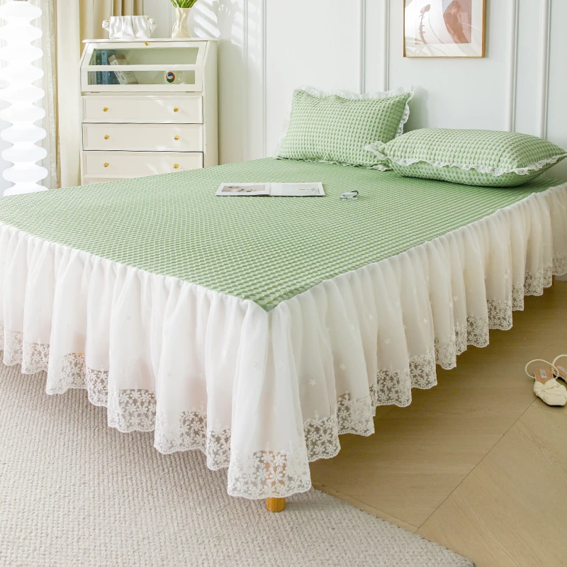 夏季凉感丝豆豆冰丝凉席三件套公主风蕾丝边床裙可机洗软席子少女