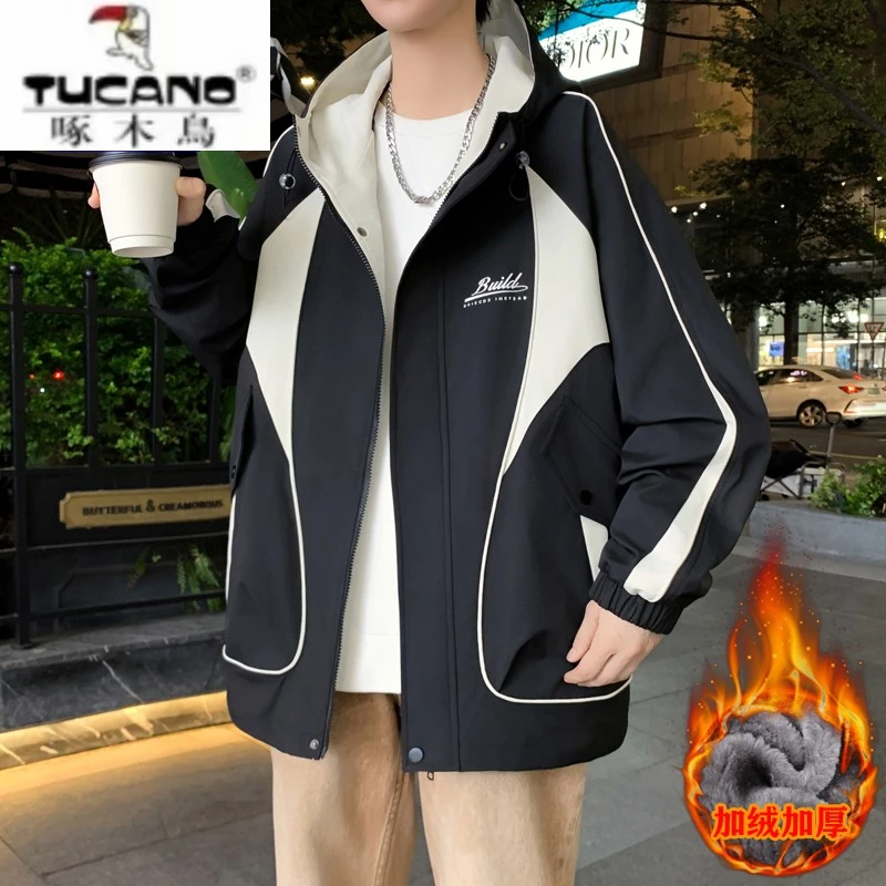 啄木鸟秋冬季外套男士加绒加厚冲锋衣工装夹克青少年防风保暖棉衣